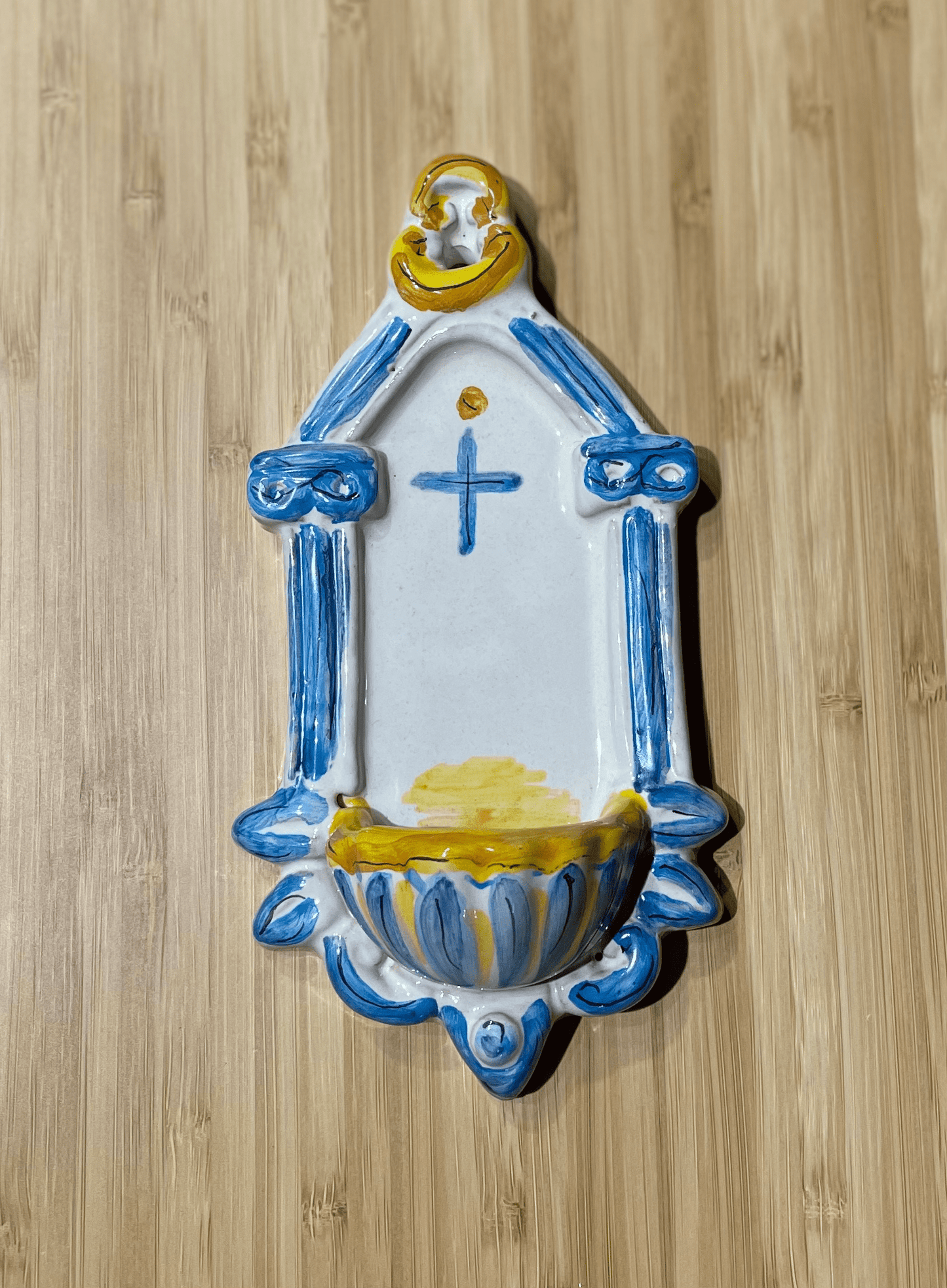 Hand painted terracotta Holy water stoup