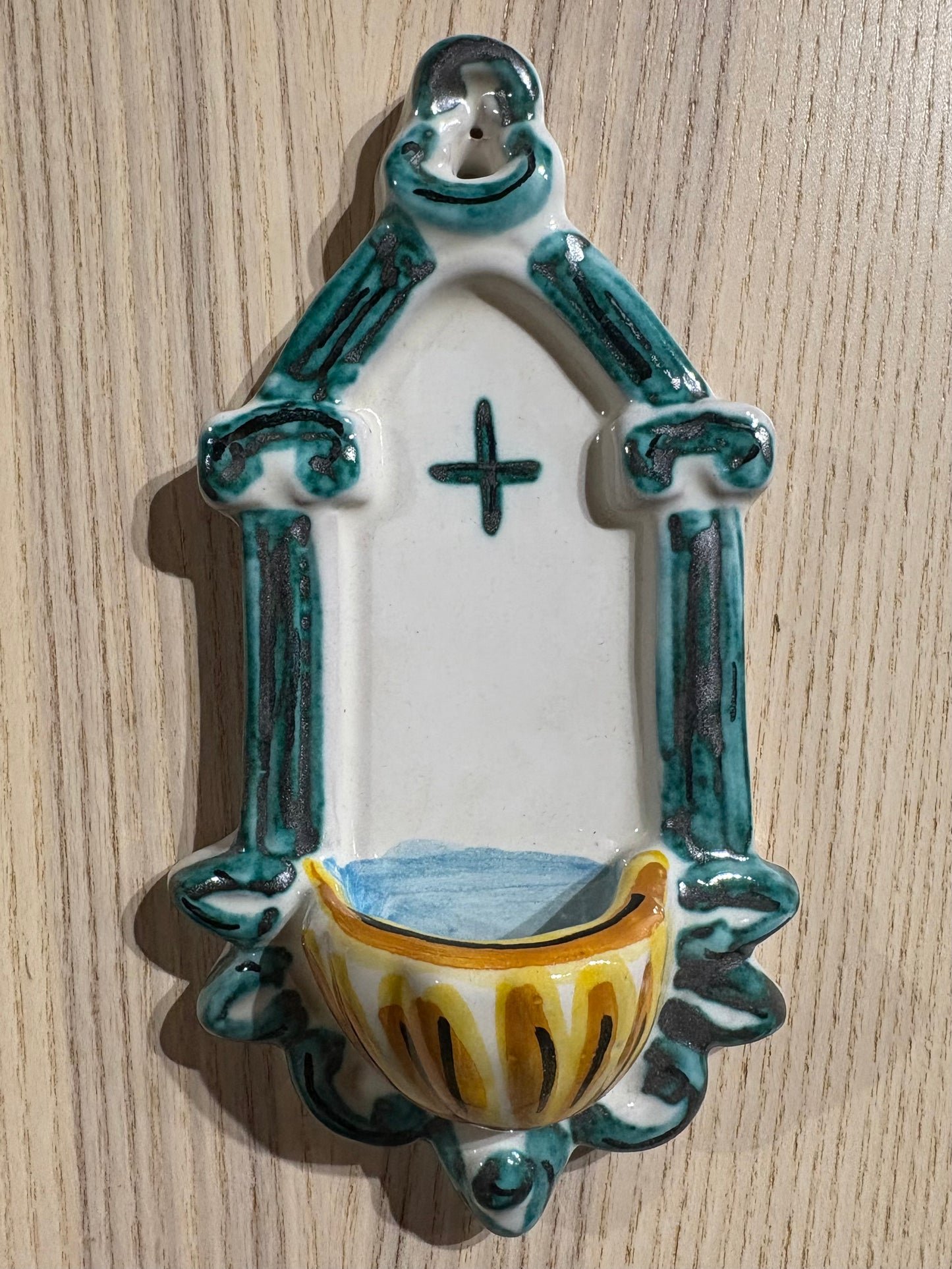 Hand painted terracotta Holy water stoup