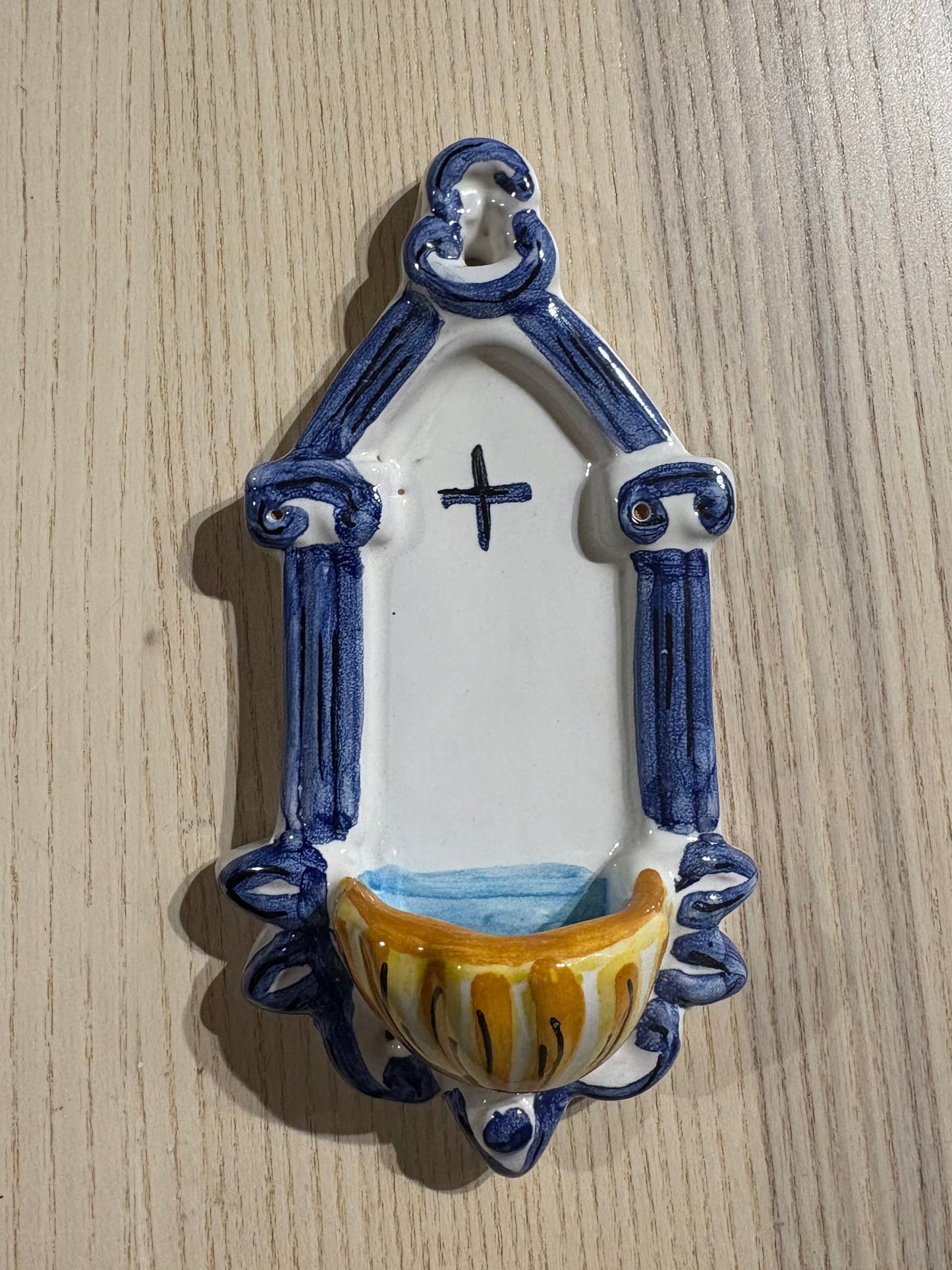 Hand painted terracotta Holy water stoup